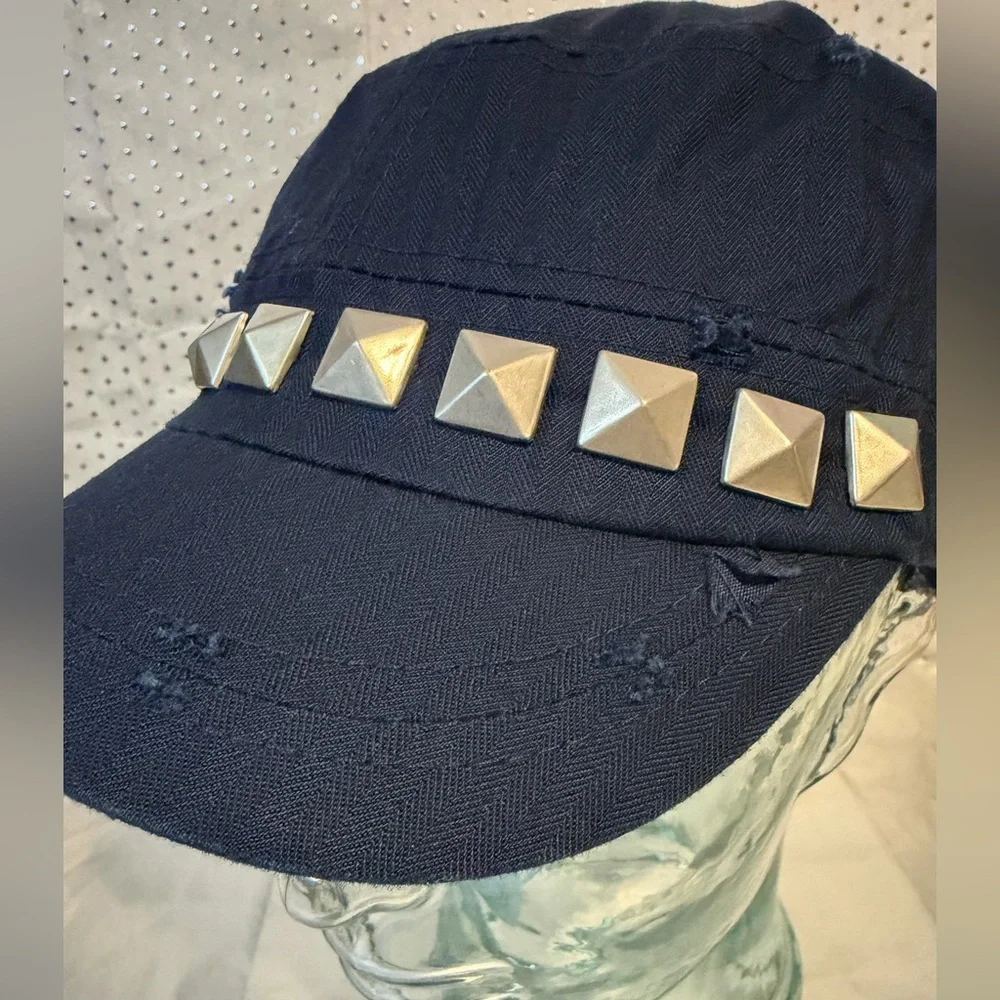 Military Style Cap Hat Pyramid Studs Cotton Navy